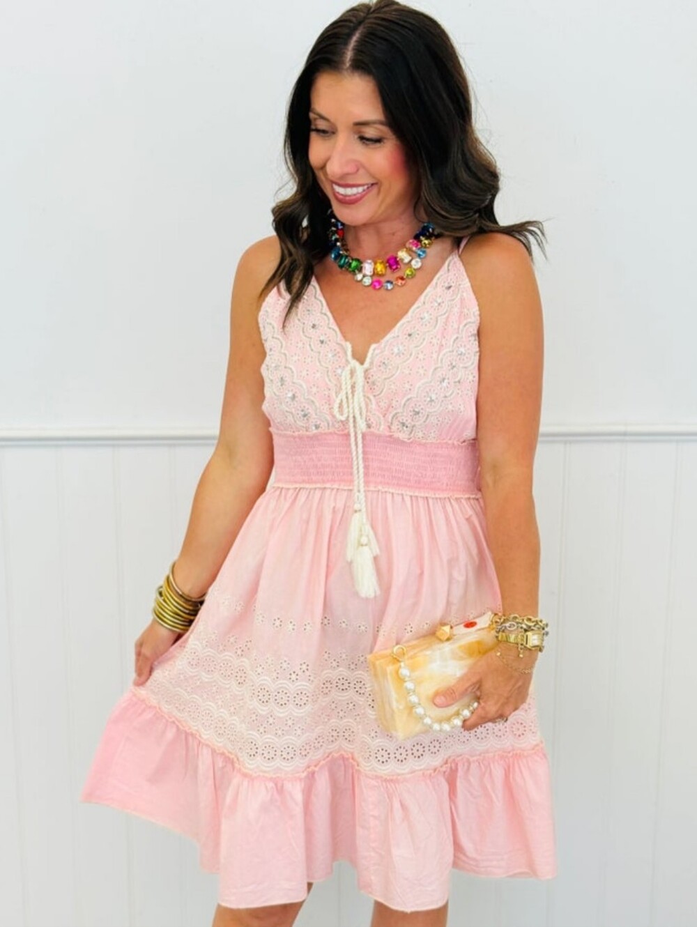 POL Pink Embroidered Sequin Eyelet Dress